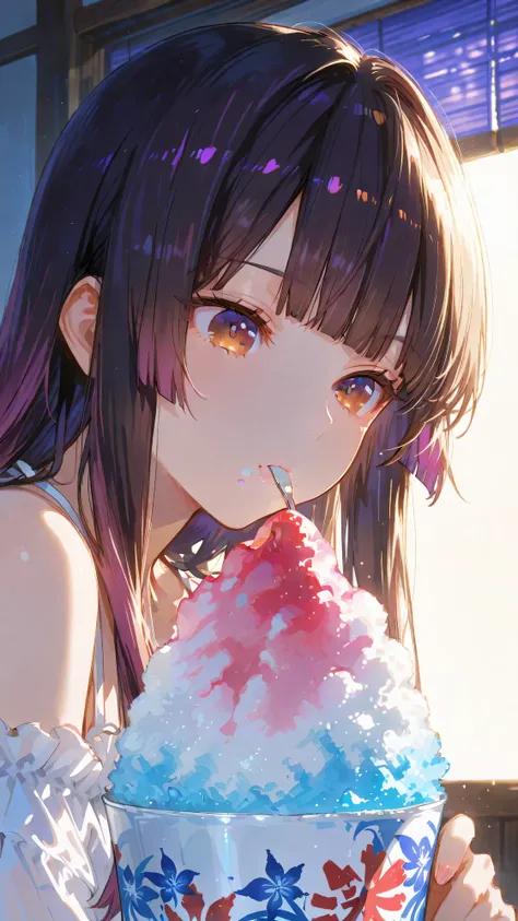 Solo one girl, (maroon eyes), (black long hair), (purple gradient highlights), (hime cut bangs), blunt ends, hime cut sidelocks, expressionless, moon light, bright room,  
bare shoulders, (white jumper), eating a large serving of shaved ice, 
masterpiece, ...