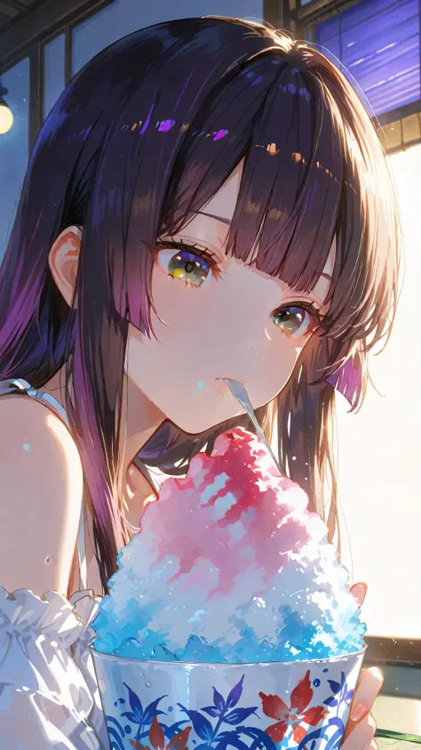 Solo one girl, (maroon eyes), (black long hair), (purple gradient highlights), (hime cut bangs), blunt ends, hime cut sidelocks, expressionless, moon light, bright room,  
bare shoulders, (white jumper), eating a large serving of shaved ice, 
masterpiece, ...