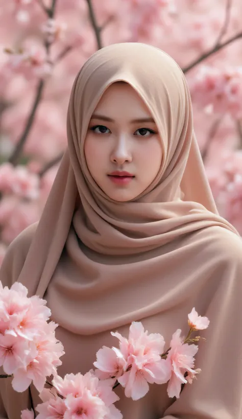 Realistis, sangat tajam, Wanita cantik, jilbab coklat, bunga sakura, 1 gadis, walking gracefully , staring at the camera, upper body
