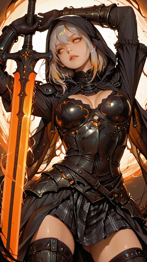 1girl,eyes Shrouded in darkness,breasts,cleavage cutout,dark knight,black armor,armored_dress,armored skirt,gauntlets,breastplate,holding a huge weapon,huge glowing sword with hands,(dynamic pose:1),particles of energy floating around huge weapon,a dark et...
