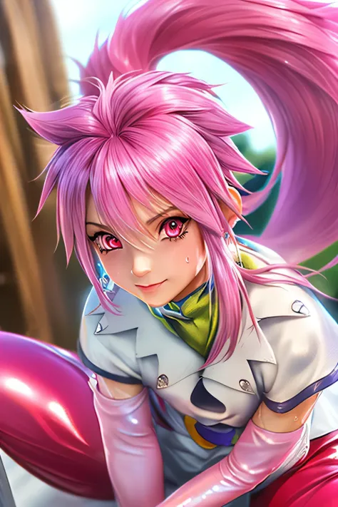 Highest Quality,highest resolution,(((shiny white clothes　 shiny pink loose pants　shiny pink hair　ponytail　red eyes　Girl　sweat　shiny skin)))　Tales of Fantasia　Arche Klein