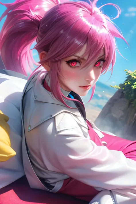 Highest Quality,highest resolution,(((shiny white clothes　 shiny pink loose pants　shiny pink hair　ponytail　red eyes　Girl　sweat　shiny skin)))　Tales of Fantasia　Arche Klein