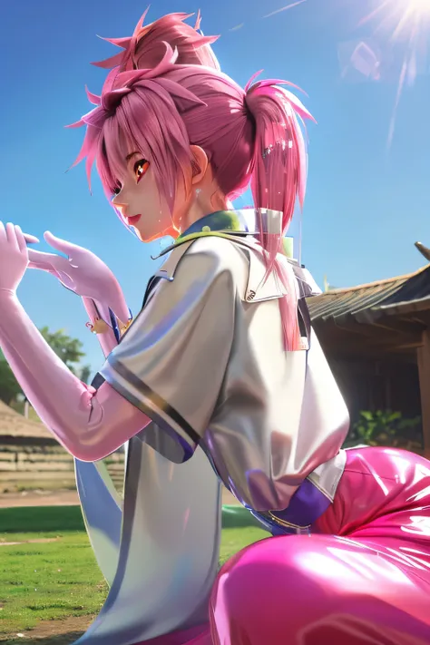 Highest Quality,highest resolution,(((shiny white clothes　 shiny pink loose pants　shiny pink hair　ponytail　red eyes　Girl　sweat　shiny skin)))　Tales of Fantasia　Arche Klein