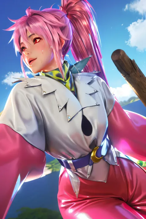 Highest Quality,highest resolution,(((shiny white clothes　 shiny pink loose pants　shiny pink hair　ponytail　red eyes　Girl　sweat　shiny skin)))　Tales of Fantasia　Arche Klein