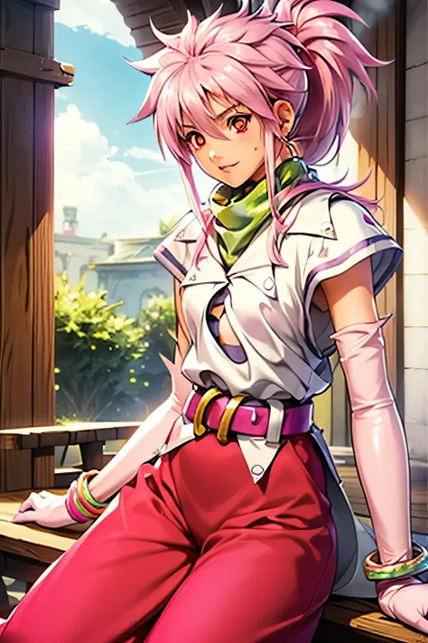 Highest Quality,highest resolution,(((shiny white clothes　 shiny pink loose pants　shiny pink hair　ponytail　red eyes　Girl　sweat　shiny skin)))　Tales of Fantasia　Arche Klein