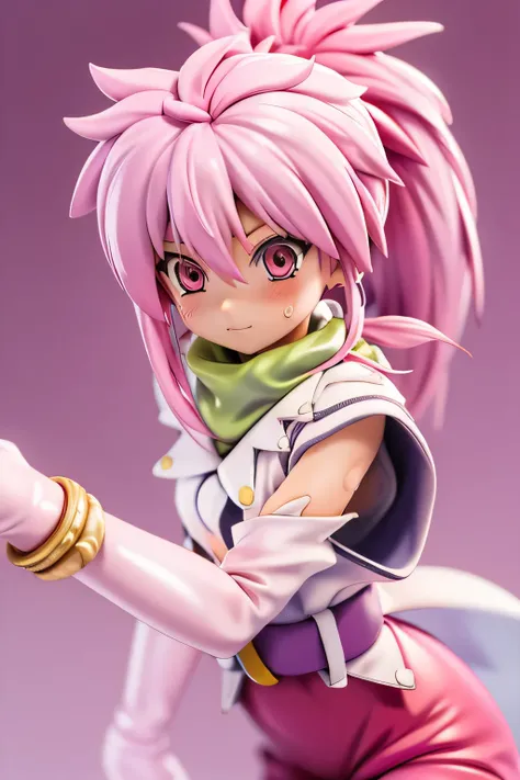 Highest Quality,highest resolution,(((shiny white clothes　 shiny pink loose pants　shiny pink hair　ponytail　red eyes　Girl　sweat　shiny skin)))　Tales of Fantasia　Arche Klein