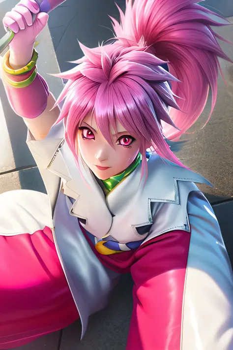 Highest Quality,highest resolution,(((shiny white clothes　 shiny pink loose pants　shiny pink hair　ponytail　red eyes　Girl　sweat　shiny skin)))　Tales of Fantasia　Arche Klein