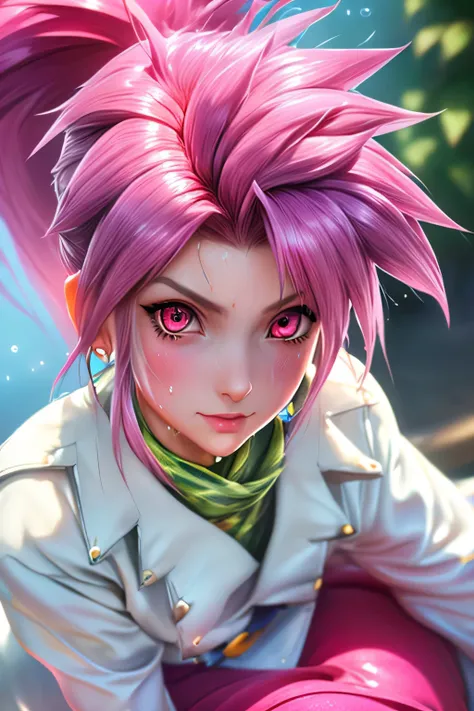 Highest Quality,highest resolution,(((shiny white clothes　 shiny pink loose pants　shiny pink hair　ponytail　red eyes　Girl　sweat　shiny skin)))　Tales of Fantasia　Arche Klein