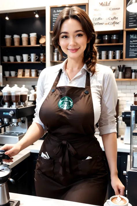 score_9_up,score_8_up,score_7_up,score_6_up,score_5_up,score_4_up,(((1 girl))),(((solo))),(((barista ))),(((milf))), thick eyebrows, droopy eyes,(sexy lips),(((smile ))),(((mature female))),big breasts,big ass,(((store uniform ))),(((apron ))),((making cof...