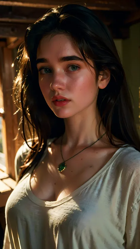 A highly detailed and hyper-realistic. Brunette long hair, young, smile , green eyes, white pale skin, ((Jennifer Connelly)), portrait, casual Blue and Brown clothes, (Shy), elegant, gorgeous face, Room of wood, surrounded by mist, mysterious and angelical...