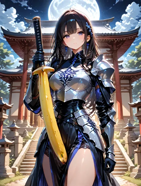A female knight holding a banana sword、temple、Moonlit Night、Japanese、dark haired、