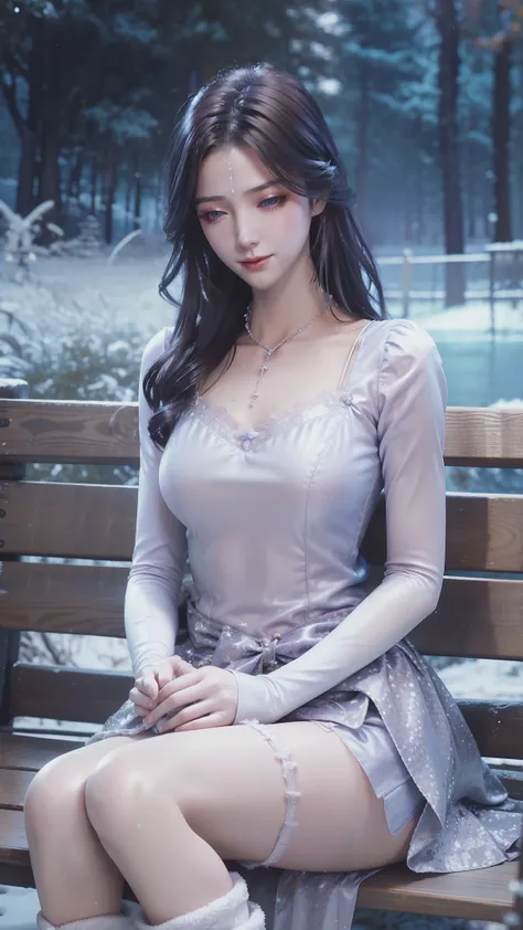 1girl, blue eyes, black hair, long hair, masterpiece, best quality, absurdres, medium breasts, (winter clothes, lolitafashion), winter fashion, kawaii, cute, padded dress, petticoat, long sleeves, fur trim, (scarf:0.5), wide skirt, pantyhose, white dress, ...