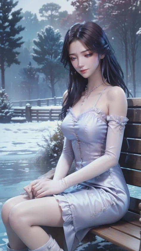 1girl, blue eyes, black hair, long hair, masterpiece, best quality, absurdres, medium breasts, (winter clothes, lolitafashion), winter fashion, kawaii, cute, padded dress, petticoat, long sleeves, fur trim, (scarf:0.5), wide skirt, pantyhose, white dress, ...