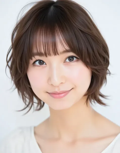 Raw photo, reality, ((Looking up with a shy smile: 1.7)), ((Focus on face)), ((Close-up)), Front view, Japanese woman, ((Short dark brown bob, light wavy hair)), ((Off-the-shoulder outfit: 2.0)), Unedited, Live-action, Authentic, Cute young girl, Beautiful...