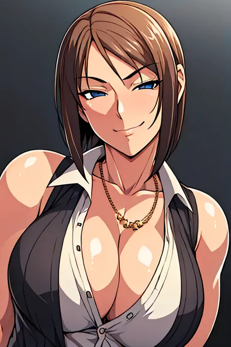 ultra detailed portrait, upper body, tough and muscular American female mafia fighter, shiny healthy skin, shoulder-length bright brown hair in neat bob, wearing white button-up shirt open at chest showing cleavage, thick gold necklace, dark grey long trou...