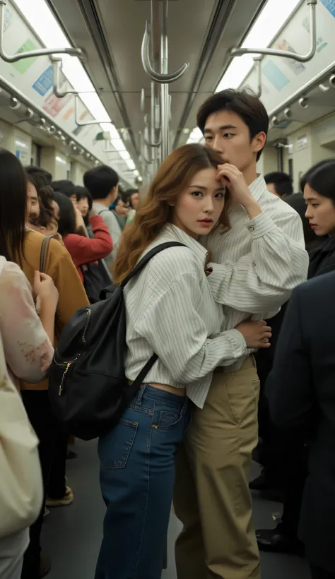 The crowded and crowded atmosphere of the Japanese subway cars, the passengers stand sideways in unison while holding the handle hanger above. In the middle of the passenger standing there is a beautiful woman about 50 years old, dressed sensually like a m...