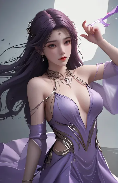 cowboy_shot,portrait,ultra realisticmasterpiece,best quality,1girl,long hair,jewelry,purple hair,purple dress,bare shoulders,cowboy shot,dynamic pose,dynamic angle,<lora:yunxi_V1-000001:1>,