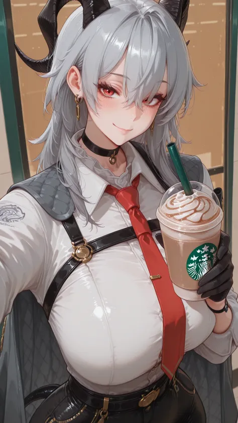 <lora:selfie-holding-starbucks-cup-illustriousxl-lora-nochekaiser:1>, selfie holding starbucks cup, starbucks, solo, looking at viewer, blush, smile, holding, upper body, cup, holding cup, drinking straw, reaching, drink, disposable cup, selfie, reaching t...