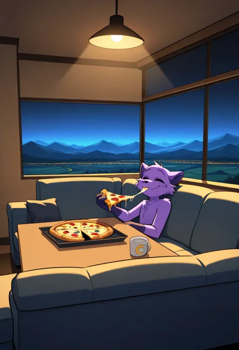 MejorCatnep (Time to play with the poppy) on the couch eating a pizza, relaxed posture, Enjoying pizza,  comfortable environment , normal decoration, Landscape photos, night environment, Lights on,  good lighting, excellent quality comes 