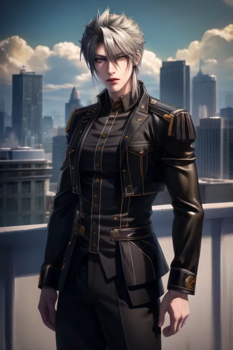 {{photorealistic)), (masterpiece,best quality,ultra_detailed,highres,absurdres) (detailed shadow) (quality light),1 mature male, 21 years old, korean male focus, solo, mid-length black hair, (yellow eyes), city background, full body, messy silver hair that...