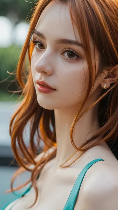 Half-body portrait of Nami from One Piece, ultra realistic and super detailed, lifelike skin texture, vibrant orange hair flowing naturally, expressive brown eyes, wearing her iconic outfit with detailed fabric texture, soft natural lighting highlighting h...