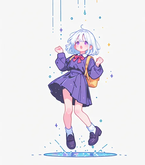 A girl in a schoolgirl's uniform, long, smooth white hair, Jumping small over puddles, it's raining, luz de luna