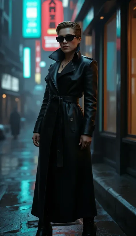 Florence Pugh, The Matrix, cinematic cyberpunk aesthetic, sleek black leather trench coat, futuristic sunglasses, short stylish haircut, standing, dark city alley, neon reflections, rain in the background, dynamic action pose, ultra-detailed, dramatic ligh...