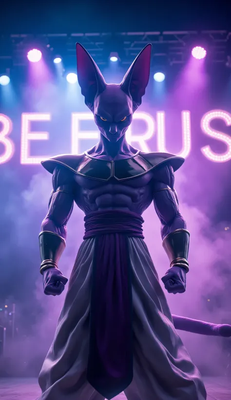 Ultra-realistic scene of Beerus from Dragon Ball Super, a humanoid purple cat-like deity, standing on stage with the name ‘B E E R U S’ written in glowing letters behind him. Beerus is watching Amit Kroh passionately singing on the same stage. Dynamic stag...