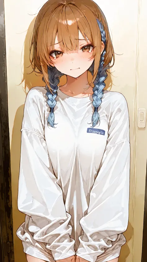 Lazy_Costume,Lazy, を着たfragile emotional expression, loose and COMFORTABLE FIT, Single Sleeve, Sleeves That Go Past Your Wrist, small blue braids on the left side,(masterpiece, Highest Quality:1.2), 1girl, solo, upper body,
Original character,
fragile e...