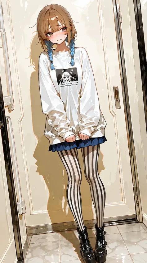 Lazy_Costume,Lazy, を着たfragile emotional expression, loose and COMFORTABLE FIT, Single Sleeve, Sleeves That Go Past Your Wrist, small blue braids on the left side,(masterpiece, Highest Quality:1.2), 1girl, solo, Full Body, Beautiful legs with inner thighs, ...