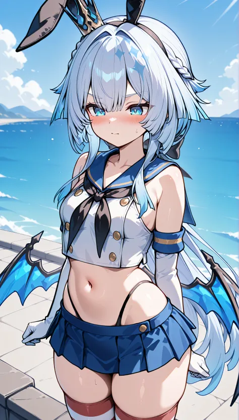 cerydra, blue eyes, bangs, light blue hair, braid, white hair, gradient hair,hair bow, hair ornament, long hair, multicolored hair, low ponytail, short hair with long locks, sidelocks, small breasts, loli, crown, wings,　solo, I can see my eyebrows from the...