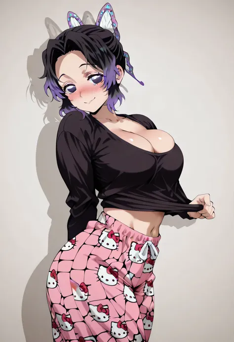 score_9, score_8_up, score_7_up, source_anime, shinobukochou, shinobu kochou, black hair, butterfly hair ornament, forehead, gradient hair, hair ornament, multicolored hair, parted bangs, purple hair, short hair, two-tone hair,, nose blush, looking at view...