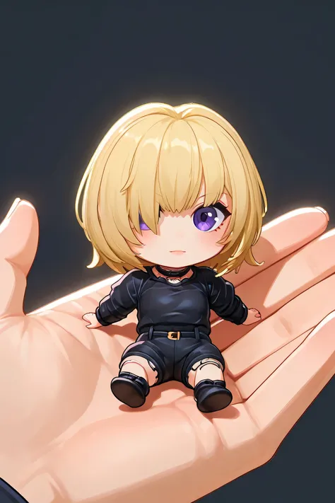  1girl, (chibi:1.5),18k, Ultra High Definition,masterpiece, (high quality), Highest Quality, super high resolution, This is a live-action video。reality、feminine。detailed face、elgg, purple eyes, hair over one eye, bangs, hair intakes, blonde hair, short hai...