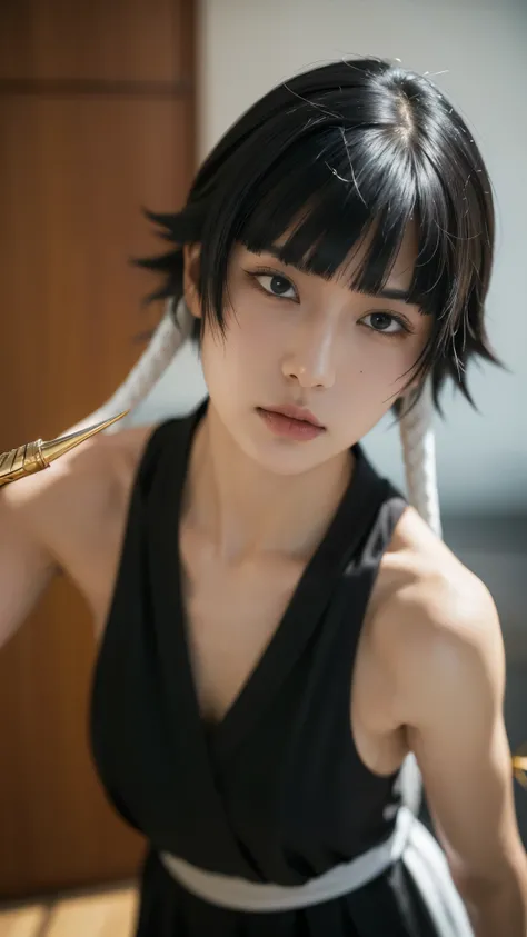Soifon from Bleach, hyper-realistic and ultra-detailed portrait, sharp facial features with intense and disciplined expression, short black hair styled in a neat bob with two long braids, dark piercing eyes showing determination and focus, wearing her trad...