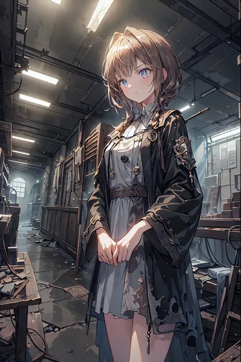 brown hair,Shortcut,unkempt hair,Short braided hair,Neat,slender beauty,correct posture,small breasted,Beautiful legs,enchanting gray-blue eyes shine like stars,Saggy Eyes,bright colors,beautiful eyes,A delicate smile,Textured Skin,best quality,gentle and ...