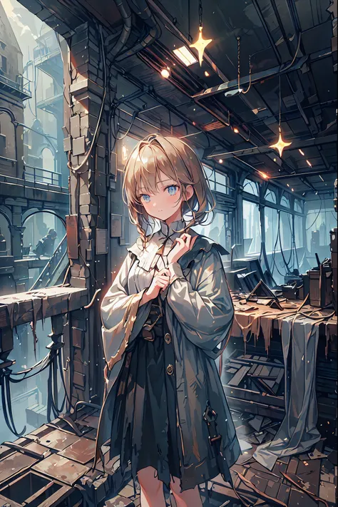 brown hair,Shortcut,unkempt hair,Short braided hair,Neat,slender beauty,correct posture,small breasted,Beautiful legs,enchanting gray-blue eyes shine like stars,Saggy Eyes,bright colors,beautiful eyes,A delicate smile,Textured Skin,best quality,gentle and ...