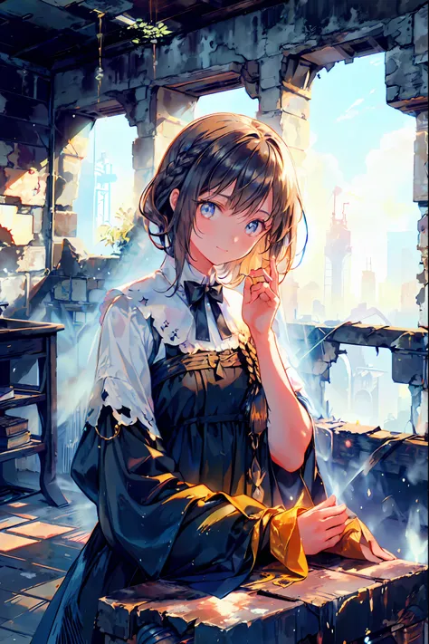 brown hair,Shortcut,unkempt hair,Short braided hair,Neat,slender beauty,correct posture,small breasted,Beautiful legs,enchanting gray-blue eyes shine like stars,Saggy Eyes,bright colors,beautiful eyes,A delicate smile,Textured Skin,best quality,gentle and ...