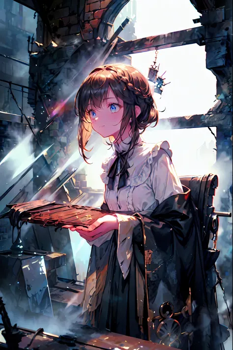 brown hair,Shortcut,unkempt hair,Short braided hair,Neat,slender beauty,correct posture,small breasted,Beautiful legs,enchanting gray-blue eyes shine like stars,Saggy Eyes,bright colors,beautiful eyes,A delicate smile,Textured Skin,best quality,gentle and ...