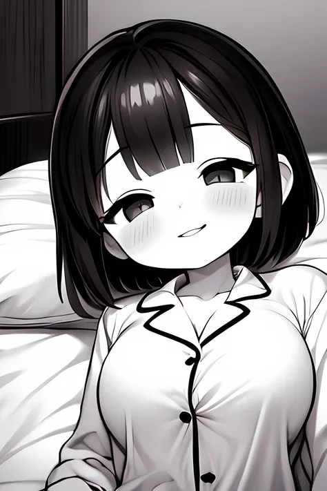 ((( Line art ))),((( monochrome:1.2))),ideal ratio body proportions,1girl,(iris ), Dark Eyes ,( small eyes ),(Slanted Eyes) ,(half closed eyes),((black hair))),( short bob hair ),bangs ,(cute lips),((big breasts)),(disproportionate breasts),((short stature...