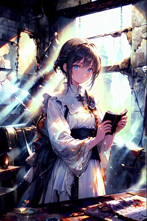 brown hair,Shortcut,unkempt hair,Short braided hair,Neat,slender beauty,correct posture,small breasted,Beautiful legs,Her enchanting gray-blue eyes with decayed books shine like stars,Saggy Eyes,bright colors,beautiful eyes,A delicate smile,Textured Skin,b...