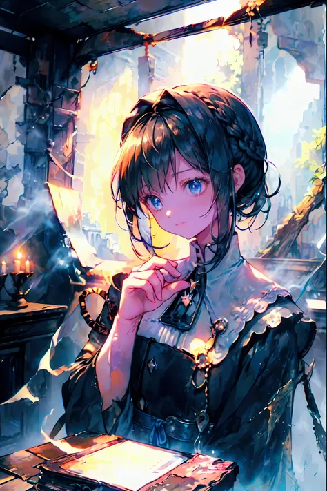 brown hair,Shortcut,unkempt hair,Short braided hair,Neat,slender beauty,correct posture,small breasted,Beautiful legs,Her enchanting gray-blue eyes with decayed books shine like stars,Saggy Eyes,bright colors,beautiful eyes,A delicate smile,Textured Skin,b...