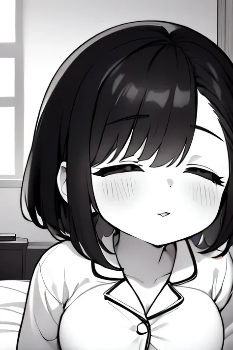 ((( Line art ))),((( monochrome:1.2))),(((incoming kiss:1.5))),1girl,ideal ratio body proportions,(iris ), Dark Eyes ,( small eyes ),(Slanted Eyes) ,(closed eyes),((black hair))),( short bob hair ),bangs ,(cute lips),((big breasts)),(disproportionate breas...