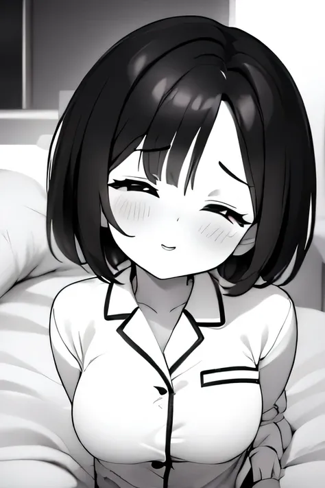 ((( Line art ))),((( monochrome:1.2))),(((incoming kiss:1.5))),1girl,ideal ratio body proportions,(iris ), Dark Eyes ,( small eyes ),(Slanted Eyes) ,(closed eyes),((black hair))),( short bob hair ),bangs ,(cute lips),((big breasts)),(disproportionate breas...