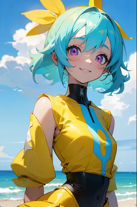one woman、solo、 anime style painting、Nano banana、nanotechnology、Lots of bananas、light blue hair、pink eye、small breasts、yellow blouse shirt、checked mini skirt、upper body close-up、Sandy beach background、blue sky and white clouds、Smile Yan、sharp contours