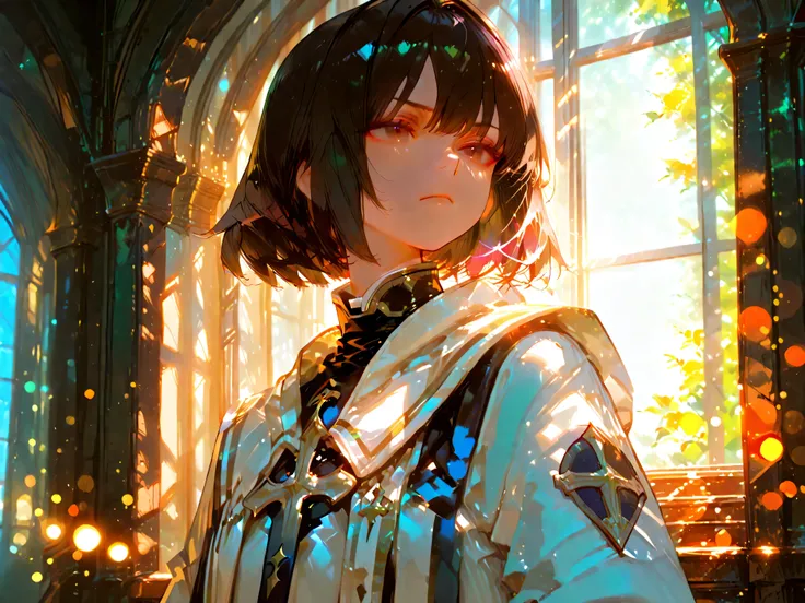 High Dynamic Range,Physically Based Rendering,Vivid Colors,bokeh,one woman,dark haired,short hair,Deacon's uniform,with a dignified appearance,Serious Expression,Morning sunlight,Western-style interior,High Quality,4K,Professional,HDR