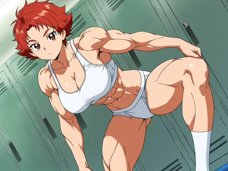 score 9 , score 8 up, score 7 up, source anime, 傑作, best quality, best resolution, best image quality, anime coloring, anime screencap, anime screenshot, 1girl, Anime girl in white underwear in front of the lockers, natsuki rin, solo, outfit:white sports b...