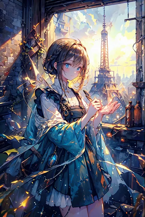 brown hair,Shortcut,unkempt hair,Short braided hair,Neat,slender beauty,correct posture,small breasted,Beautiful legs,Her enchanting gray-blue eyes with decayed books shine like stars,Saggy Eyes,bright colors,beautiful eyes,A delicate smile,Textured Skin,b...