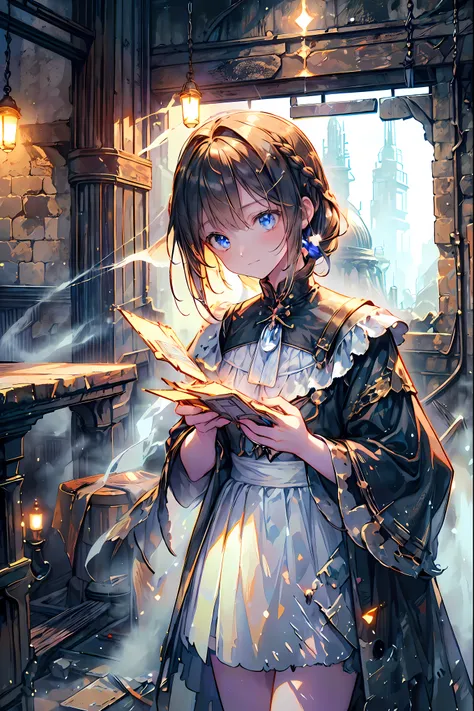 brown hair,Shortcut,unkempt hair,Short braided hair,Neat,slender beauty,correct posture,small breasted,Beautiful legs,Her enchanting gray-blue eyes with decayed books shine like stars,Saggy Eyes,bright colors,beautiful eyes,A delicate smile,Textured Skin,b...