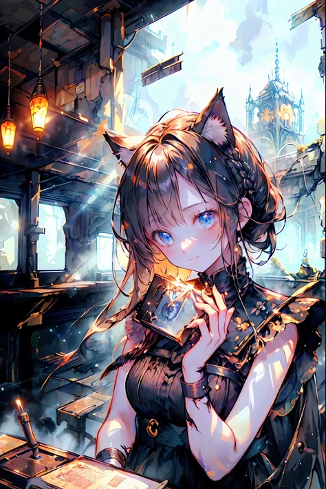 brown hair,Shortcut,unkempt hair,Short braided hair,Neat,slender beauty,correct posture,small breasted,Beautiful legs,Her enchanting gray-blue eyes with decayed books shine like stars,Saggy Eyes,bright colors,beautiful eyes,A delicate smile,Textured Skin,b...