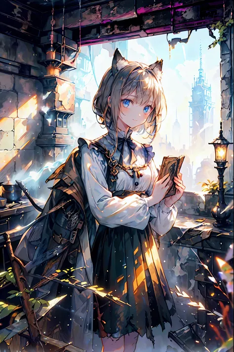 brown hair,Shortcut,unkempt hair,Short braided hair,Neat,slender beauty,correct posture,small breasted,Beautiful legs,Her enchanting gray-blue eyes with decayed books shine like stars,Saggy Eyes,bright colors,beautiful eyes,Cat ears,A delicate smile,Textur...